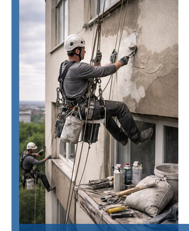 Косметический ремонт фасада зданий в Железногорске промышленными альпинистами