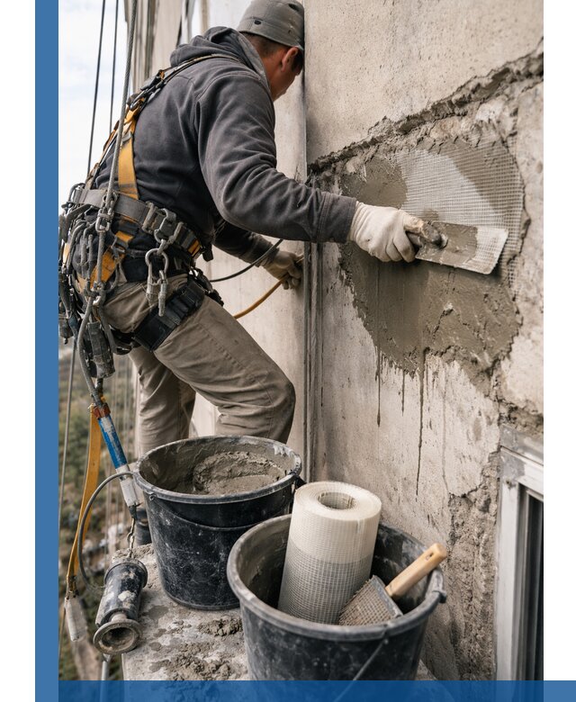 Ремонт бетонных элементов фасада промышленными альпинистами в Железногорске