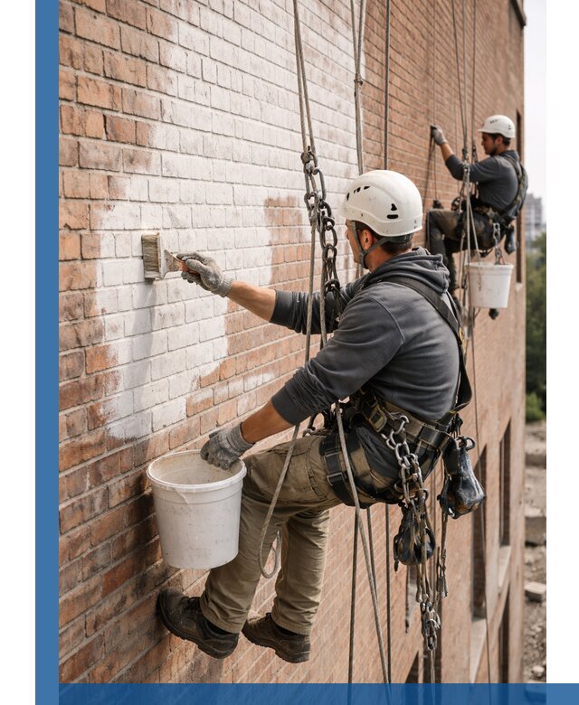 Покраска кирпичного фасада с доступным альпинистским сервисом в Железногорске