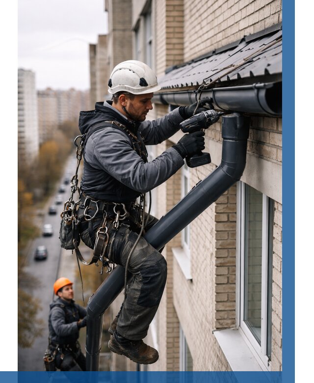 Монтаж водосточной системы на здании в Железногорске от 5111 р. | ВЫСОТНИК-Жлк