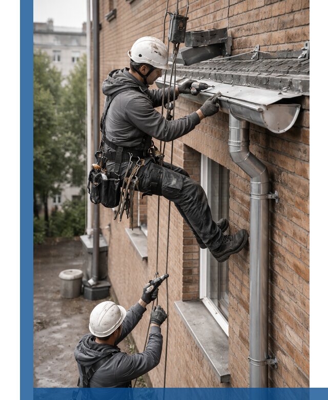 Монтаж водосточной системы на здании в Железногорске под ключ