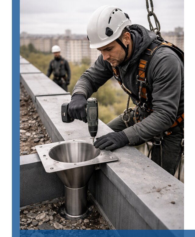 Монтаж водосточных воронок в Железногорске для промышленных зданий