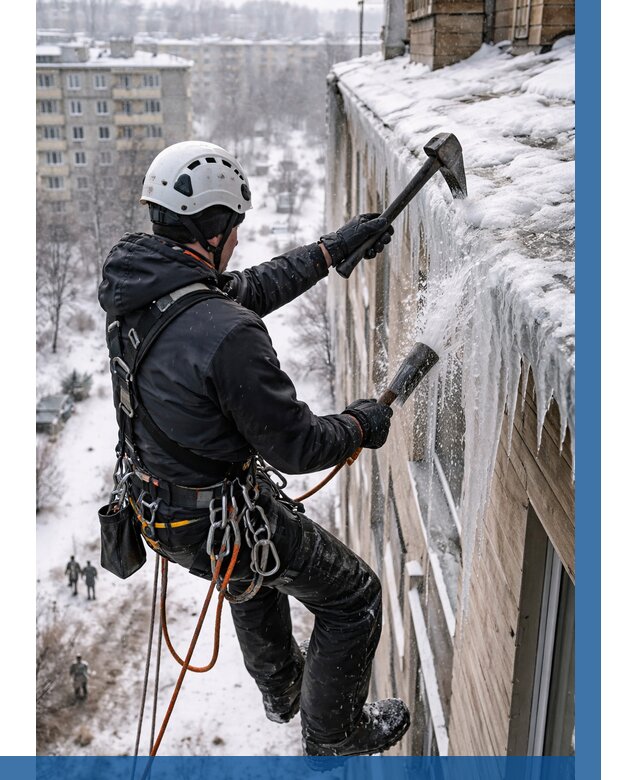 Сбивание сосулек с крыши в Железногорске по цене от 4599 р. | ВЫСОТНИК-Жлк