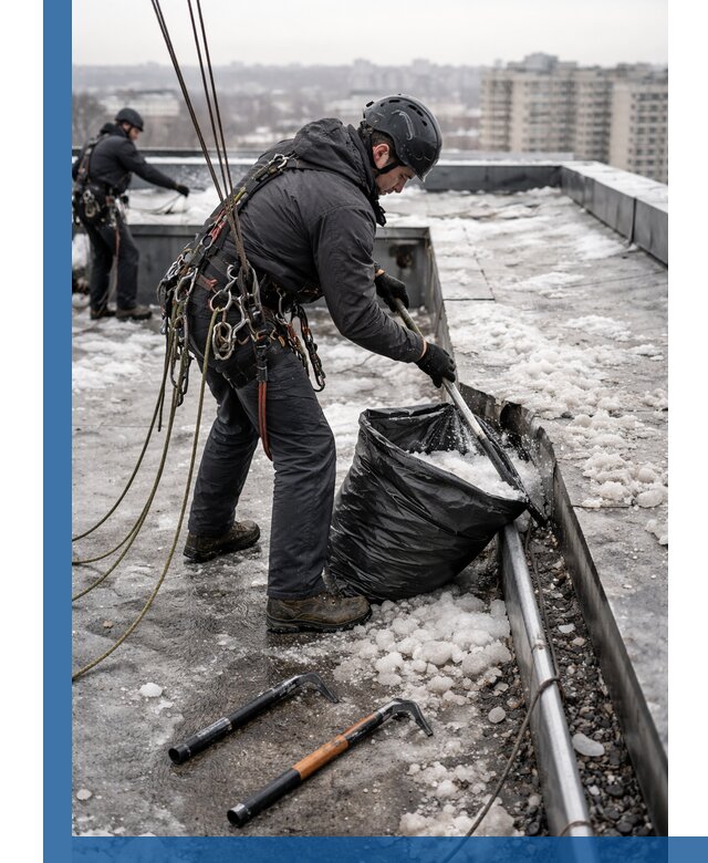 Аварийная очистка кровли в Железногорске от промальпинистов