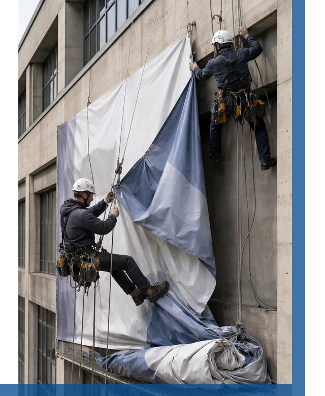 Демонтаж баннеров с фасада в Железногорске от 4599 р. | ВЫСОТНИК-Жлк