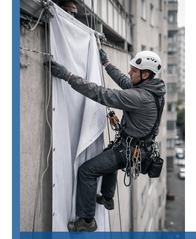 Замена баннерного полотна промышленными альпинистами в Железногорске