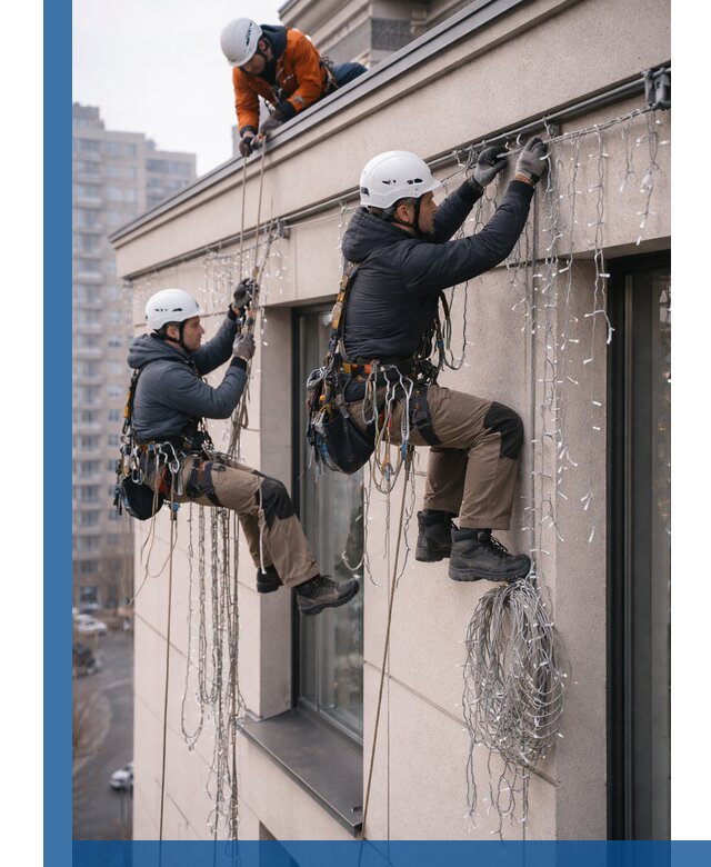 Монтаж праздничных гирлянд на фасаде в Железногорске для зданий