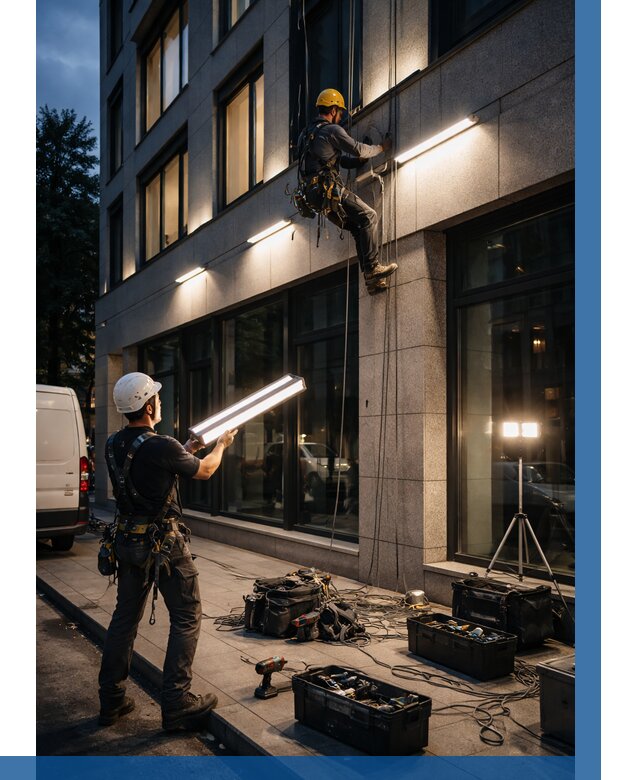 Монтаж архитектурной подсветки здания в Железногорске от 2555 р.|ВЫСОТНИК-Жлк