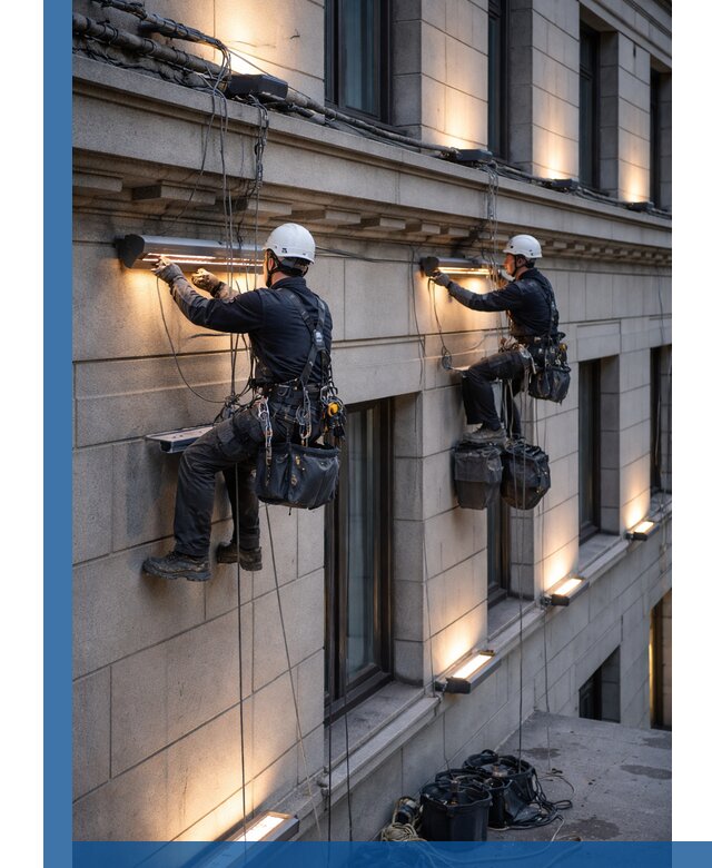 Монтаж архитектурной подсветки фасадов зданий в Железногорске