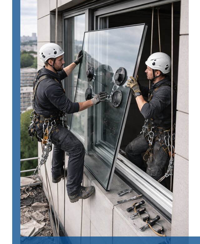 Замена стеклопакетов на высоте с промышленными альпинистами в Железногорске