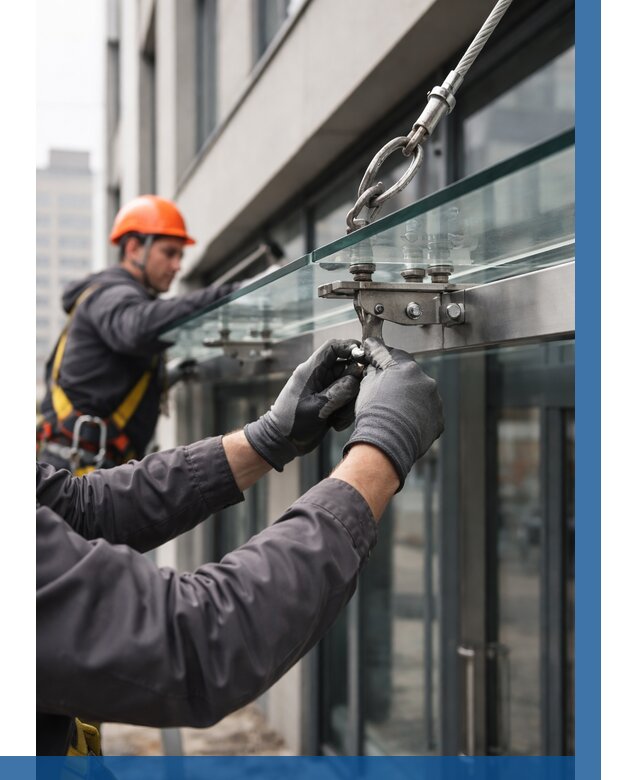 Монтаж стеклянных козырьков в Железногорске от 8688 р. | ВЫСОТНИК-Жлк