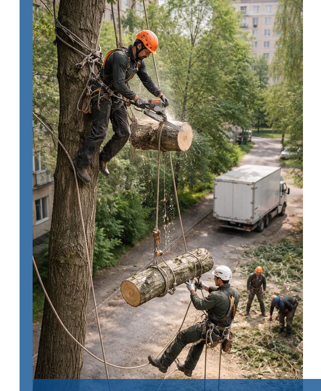 Спил деревьев альпинистами в Железногорске, безопасно и без повреждений